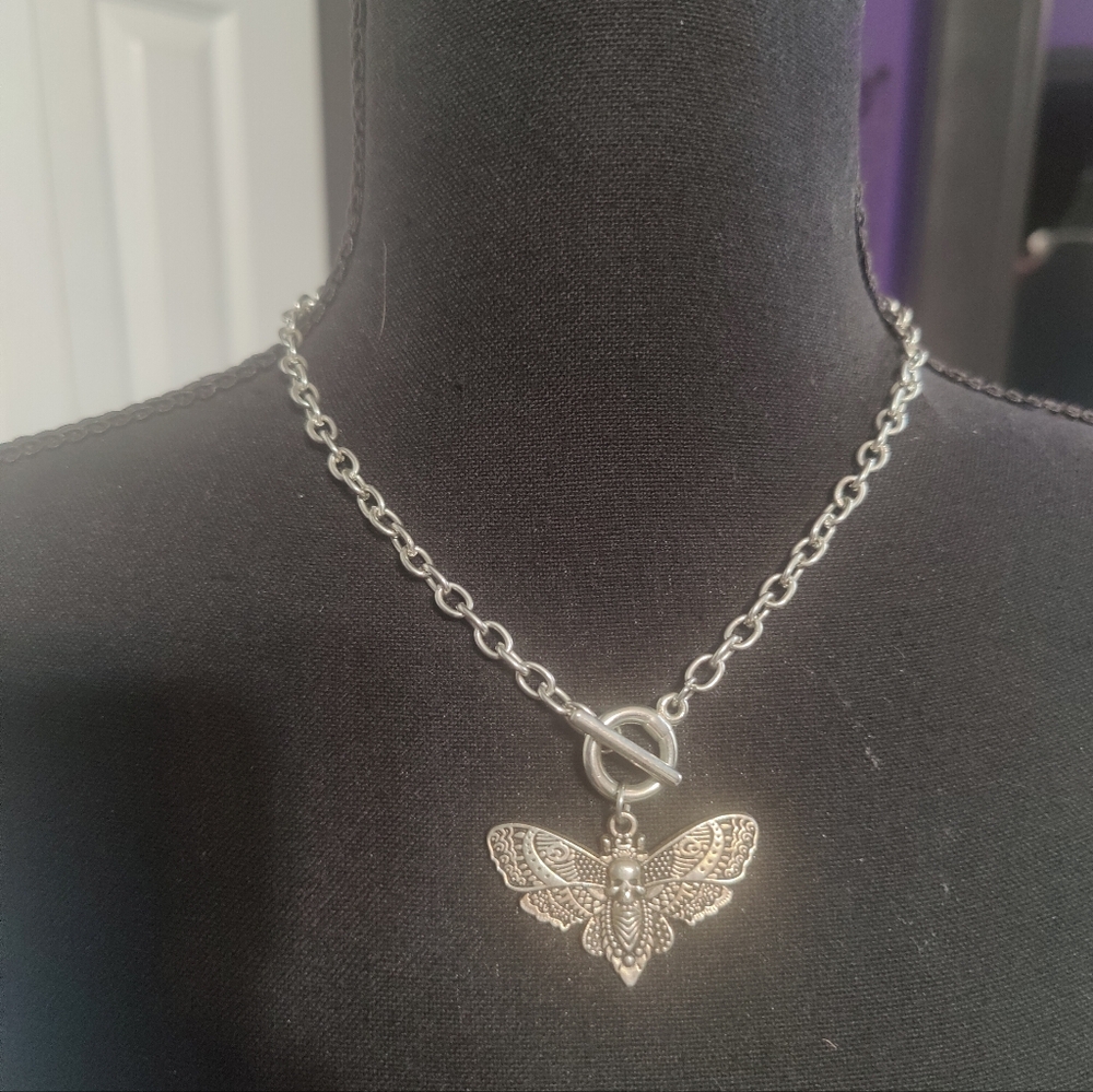 Silver Deaths Head Hawk Moth Necklace Toggle Clasp Goth Emo Punk Jewelry Choker